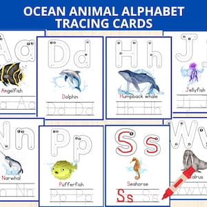Rastreamento de alfabeto de animais do oceano, rastreamento de letras de animais marinhos, flashcards do alfabeto de animais, escrita em letras maiúsculas e minúsculas, cartão de rastreamento ABC de animais