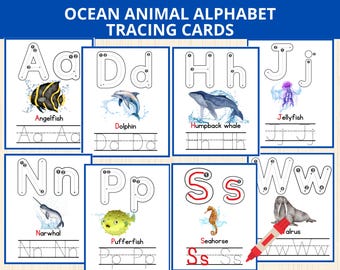 ocean animal Alphabet Tracing,sea animal Letter Tracing,Animals Alphabet Flashcards,Uppercase and Lowercase Writing,animal ABC tracing Card