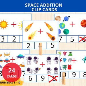 May include: Educational space-themed clip cards for addition. The cards feature illustrations of planets, astronauts, and other space elements. The cards have numbers 1-10 and are designed for early learning. The text on the cards reads "SPACE ADDITION CLIP CARDS".