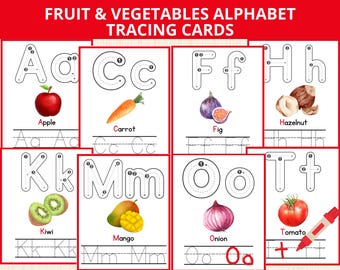fruit Alphabet Tracing Cards,Alphabet Tracing Worksheets,Fruits and Vegetables Alphabet Flashcards,abc tracing,fruit and veggies preschool