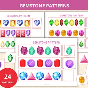 May include: Three educational worksheets titled GEMSTONE PATTERNS featuring rows of colorful illustrated gemstones in various shapes like hearts, ovals, and rectangles, with empty boxes for pattern completion and loose gemstone cards.