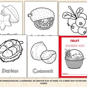 May include: A black and white colouring book with the title "FRUIT COLOURING BOOK". The cover features a basket of fruit, including a pineapple, grapes, and other fruits. The book is ideal for children who enjoy colouring.