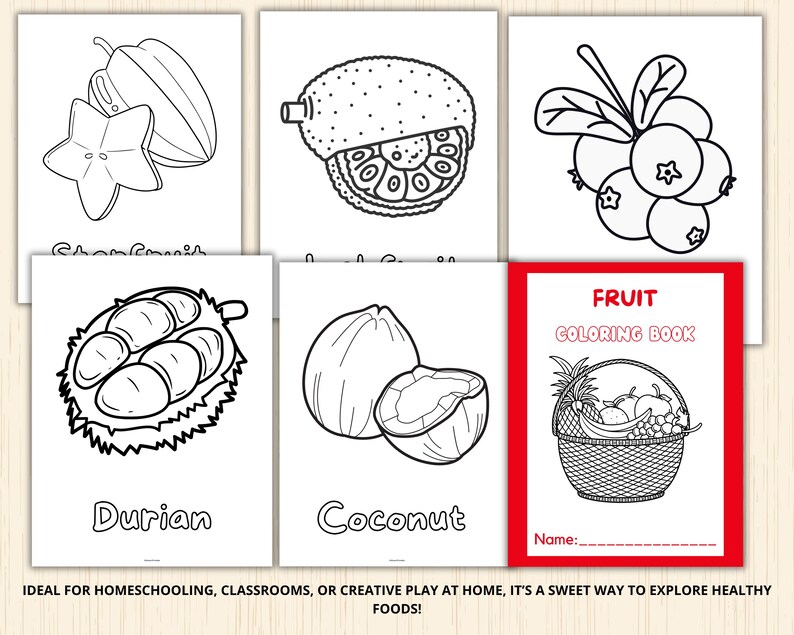 May include: A black and white colouring book with the title "FRUIT COLOURING BOOK". The cover features a basket of fruit, including a pineapple, grapes, and other fruits. The book is ideal for children who enjoy colouring.