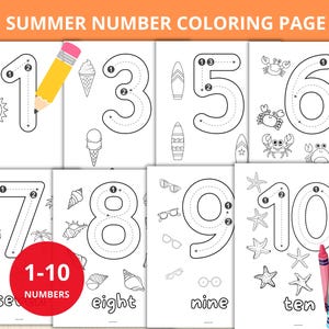 Peut inclure: Pages à colorier imprimables en noir et blanc représentant les chiffres de 1 à 10 avec des illustrations sur le thème de l'été. Les chiffres sont soulignés et des flèches indiquent le sens de la coloration. Les pages comprennent des images d'un soleil, de cornets de glace, de planches de surf, de coquillages, de lunettes de soleil et d'étoiles de mer.