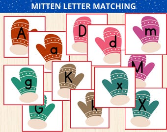 Juego de emparejamiento de letras con manoplas, emparejamiento de mayúsculas y minúsculas, preescolar de invierno, alfabeto de invierno para preescolar, aprendizaje de letras, Montessori navideño, juego de emparejamiento ABC