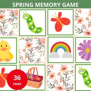 Puede incluir: Un juego de memoria de temática primaveral con 36 pares de imágenes coloridas. Las imágenes incluyen un pato amarillo, una oruga verde, una mariposa roja, un arcoíris, una flor rosa y una cesta de picnic con fruta.