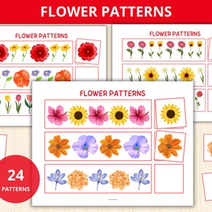 Może przedstawiać: Drukowana karta pracy z 24 wzorami kwiatów do uzupełnienia przez dzieci. Karta pracy zawiera kolorowe ilustracje kwiatów, w tym czerwone, żółte, pomarańczowe, fioletowe, różowe i białe.