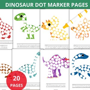 May include: A set of 8 printable dinosaur dot marker pages. Each page features a different dinosaur with a colorful outline and white circles for kids to color in with dot markers. The dinosaurs include Tyrannosaurus Rex, Velociraptor, Triceratops, Stegosaurus, Diplodocus, Brachiosaurus, Allosaurus, and Elasmosaurus.