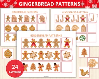 May include: A collection of printable "Gingerbread Patterns" featuring gingerbread men, houses, ornaments, and other festive shapes. The image includes the text "24 Patterns" in a red circle, ideal for educational activities or holiday crafts.