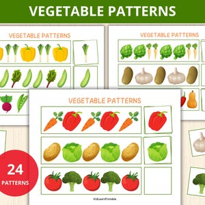 vegetable Patterns,what comes next,scissors skills,vegetable activity,veggies montessori,preschool Patterns,Pattern Activity,Cut and Paste