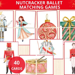 May include: A set of 40 Nutcracker Ballet matching game cards. The cards feature watercolor illustrations of characters and objects from the ballet, including a mouse king, a ballerina, a Christmas ornament, a gift, a nutcracker, a drum, and a soldier.