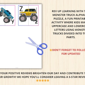 May include: A printable monster truck alphabet puzzle with uppercase and lowercase letters. The puzzle features a blue and a yellow monster truck, with the letters Y and Z. The text reads "Rev up learning with this monster truck alphabet puzzle".