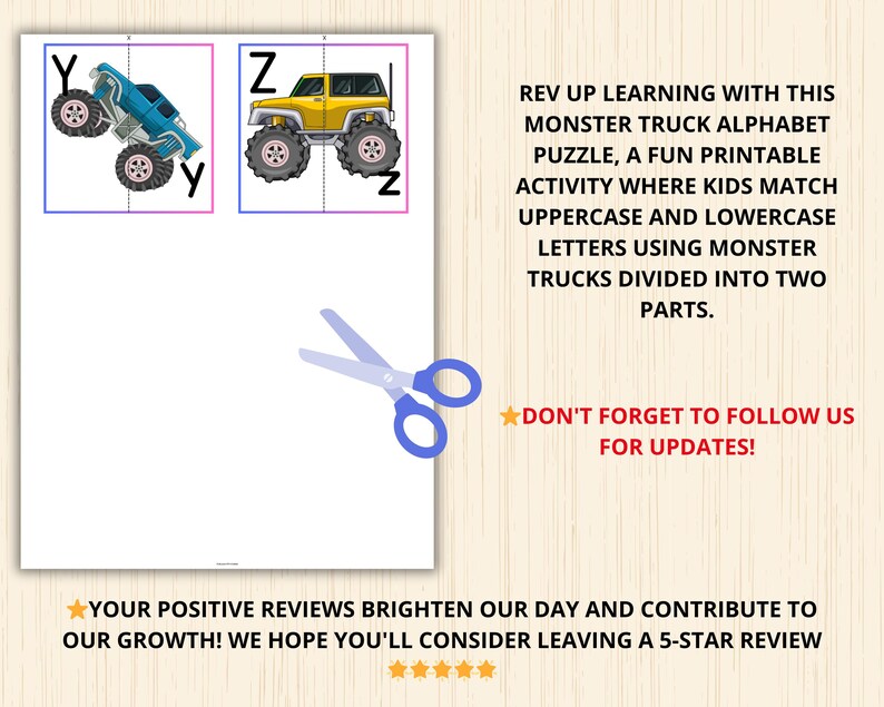 May include: A printable monster truck alphabet puzzle with uppercase and lowercase letters. The puzzle features a blue and a yellow monster truck, with the letters Y and Z. The text reads "Rev up learning with this monster truck alphabet puzzle".
