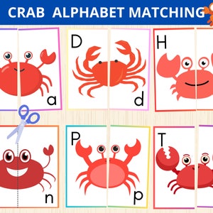 Coincidencia de letras de cangrejo, Letras preescolares, Juego de combinación de alfabetos, Reconocimiento de letras, Rompecabezas de cangrejo, Alfabeto oceánico, Animales del océano, Coincidencia de letras, Mar