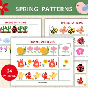 Puede incluir: Una hoja de trabajo imprimible con 24 patrones de temática primaveral para que los niños completen. La hoja de trabajo presenta imágenes de mariquitas, caracoles, flores, regaderas, pájaros, abejas, mariposas y más.