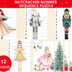 Può includere: Un colorato puzzle sequenziale numerico dello Schiaccianoci con 12 puzzle. I puzzle presentano illustrazioni di personaggi come una principessa, un re topo, un soldato schiaccianoci e un albero di Natale. Ogni puzzle ha i numeri 1-10.