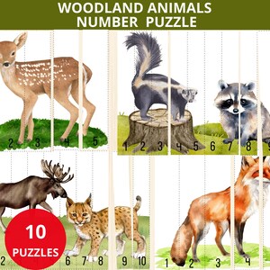 Nummerpuzzels bosdieren, puzzels bosdieren, cijferreeks dieren, puzzel winterbos, puzzels knippen en plakken, puzzel dieren