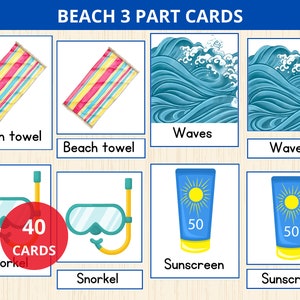 Summer Beach FlashCards, playa Montessori, tarjetas de verano de 3 partes, tarjetas de nomenclatura de playa, vocabulario de playa, tarjetas de tres partes, en la playa, prek