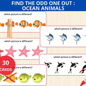 Encuentra al extraño, actividad de animales del océano, unir similares y diferentes, detectar diferencias, preescolar de animales marinos, montessori de verano, niños