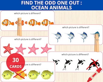 Finden Sie die Odd One Out, Meerestiere Aktivität, passende ähnliche und verschiedene, Erkennungsunterschiede, Meerestiere Vorschule, Sommer Montessori, Kinder