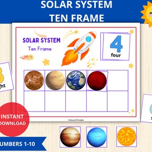 zonnestelsel tien frame, afdrukbaar zonnestelsel, flashcards zonnestelsel, ruimtethema, werkblad voorschoolse educatie, thuisonderwijs, kleuterschool, zon en maan