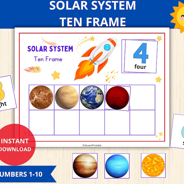 solar system Ten Frame,Printable Solar System,solar system Flash Cards,space theme,Preschool Worksheet,Homeschool,Kindergarten, sun and moon