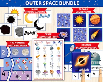 May include: An educational bundle with an outer space theme, featuring various activities. Includes shadow matching, memory game, number matching, a scavenger hunt, and beginning sounds cards. The illustrations depict planets, rockets, and astronauts. The text "OUTER SPACE BUNDLE" is at the top.