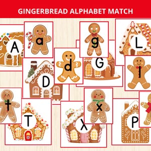 May include: Gingerbread Alphabet Match game with gingerbread men and houses. Each card shows a letter of the alphabet, with uppercase and lowercase letters. The game is set against a white background with a red border.
