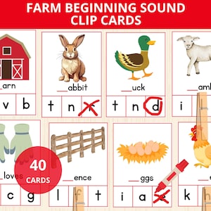 cartões de clipe de som inicial de fazenda, som de letra inicial de fazenda, cartões de som inicial de fazenda, vocabulário de animais de fazenda, alfabeto de fazenda, reconhecimento de letras