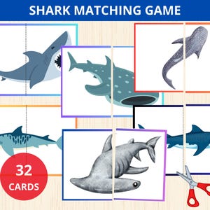 casse-têtes de symétrie avec les requins,activité d'association d'été,habiletés visuelles,jeu d'association d'animaux,paires de casse-têtes,casse-tête de symétrie,casse-tête de requins,animaux de l'océan