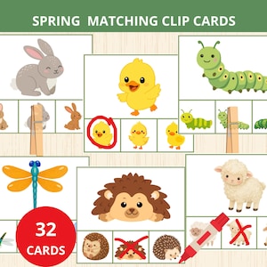 Puede incluir: Tarjetas de emparejamiento de primavera con ilustraciones de conejo, patito, oruga, libélula, erizo y cordero. Incluye una pinza de madera, un círculo rojo alrededor de un patito, un marcador rojo y el texto SPRING MATCHING CLIP CARDS 32 CARDS.