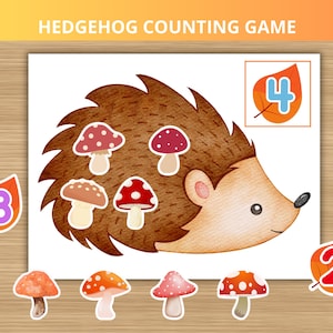 Könnte beinhalten: Ein Kinder-Zählspiel mit einem Cartoon-Igel, Pilzen und blattförmigen Zahlenkarten. Das Spiel enthält die Zahlen 2, 4 und 8, mit verschiedenen Pilzdesigns. Der Text "Hedgehog Counting Game" steht oben.