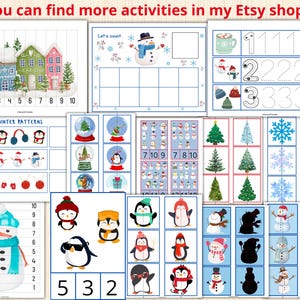 May include: A set of printable winter-themed educational activities for kids. The activities include counting, matching, and pattern recognition. The images feature snowmen, penguins, snowflakes, and Christmas trees.