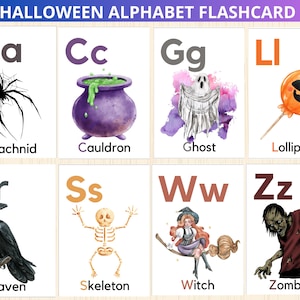 Schede dell'alfabeto di Halloween, schede didattiche di Halloween, attività di homeschooling di Halloween, schede didattiche ABC per bambini, schede ABC di Halloween, cestino mattutino di Halloween