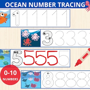 May include: Ocean-themed number tracing worksheet for kids.  The worksheet features numbers 1, 3, 5, and 8 with dotted lines for tracing.  The worksheet also includes illustrations of a crab, octopus, sea turtles, and stingrays.