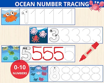 ocean animals Number tracing,handwriting practice,writing skills,tracing activiy,sea animals montessori,ocean studies,ocean busy book,prek