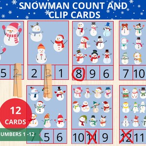 Kaarten voor het tellen en knippen van sneeuwpoppen, kaarten voor het tellen van sneeuwpoppen, montessorikaarten, telactiviteit voorschoolse, wintervoorschoolse wiskunde, telclip voor de winter