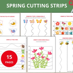 Könnte beinhalten: Ein Satz von 15 druckbaren Frühlings-Schere-Übungsblättern für Kinder. Die Arbeitsblätter zeigen verschiedene Frühlingsmotive wie Schmetterlinge, Bienen, Blumen und Schnecken, die Kinder entlang der gestrichelten Linien ausschneiden können. Die Arbeitsblätter sollen Kindern helfen, ihre Feinmotorik und Hand-Augen-Koordination zu entwickeln.