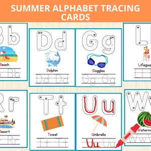 Puede incluir: Tarjetas de trazado del alfabeto de verano con las letras B, D, G, L, R, T, U y W. Cada tarjeta tiene un contorno de trazado de la letra, una imagen relacionada y la palabra. Las imágenes incluyen una playa, un delfín, gafas, socorrista, resort, toalla, sombrilla y sandía.
