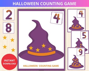 Könnte beinhalten: Ein Halloween-Zählspiel mit einem lila Hexenhut, Sternen und Zahlen. Das Spiel enthält Karten mit den Zahlen 2, 4, 5, 8 und 9 sowie den Text "Halloween Counting Game" und "Instant Download".