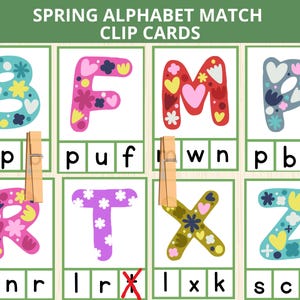 Tarjetas con clip para unir el alfabeto de primavera, actividad del alfabeto de primavera, unir letras mayúsculas y minúsculas, unir letras, actividad de unir el abecedario, preescolar