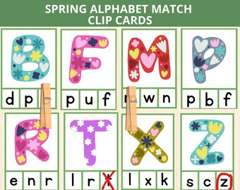 Clipkaarten lente-alfabet, alfabetactiviteit lente, match hoofdletters en kleine letters, matching letters, activiteit abc match, prek