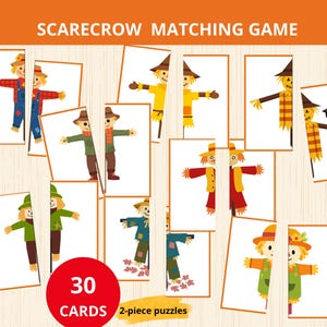 Pode incluir: Um jogo de correspondência Scarecrow Matching Game com 30 cartas que formam puzzles de 2 peças. Cada carta retangular exibe uma ilustração colorida de um espantalho com vários trajes, chapéus e acessórios sobre um fundo de madeira clara.