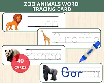 Schede per tracciare le parole degli animali dello zoo, tracciamento delle parole degli animali dello zoo, zoo montessori, flashcard dello zoo, scuola materna, schede di vocabolario dello zoo, pratica di scrittura a mano