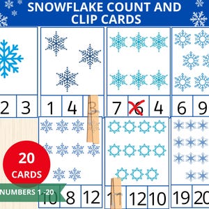 Snowflake Count and Clip Cards,snowflakes counting,Numbers 1-20,Winter preschool,winter counting pre k,snow day activity,counting flashcards
