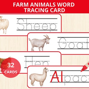 Tarjetas para trazar palabras de animales de granja, trazado de palabras de granja, Montessori de granja, tarjetas didácticas de animales de granja, actividad de escritura a mano, vocabulario de la granja, preescolar