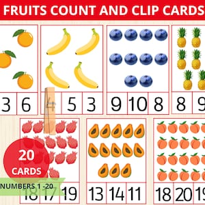 フルーツカウント＆クリップカード、1～20の数字、幼稚園算数、幼稚園、ホームスクールモンテッソーリ算数、カウントアクティビティ、フルーツフラッシュカード、3部構成のカード