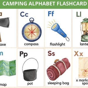Cartes alphabétiques de camping, Cartes flash de camping, Camping montessori, Cartes de camp, Cartes flash alphabet, Cartes flash ABC, Activité de camping, Prek, Été