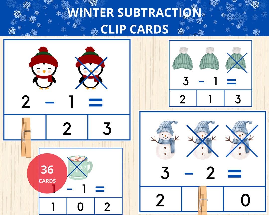 Winter Math Activities, Flashcards,1st Grade Math, Subtraction for Preschool and Kindergarten