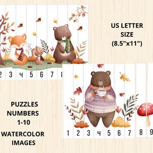 May include: A printable 10-piece puzzle featuring watercolor illustrations of woodland animals. The puzzle pieces are numbered 1-10 and are designed to fit together to create a complete image. The puzzle is printed on US Letter size paper (8.5" x 11").